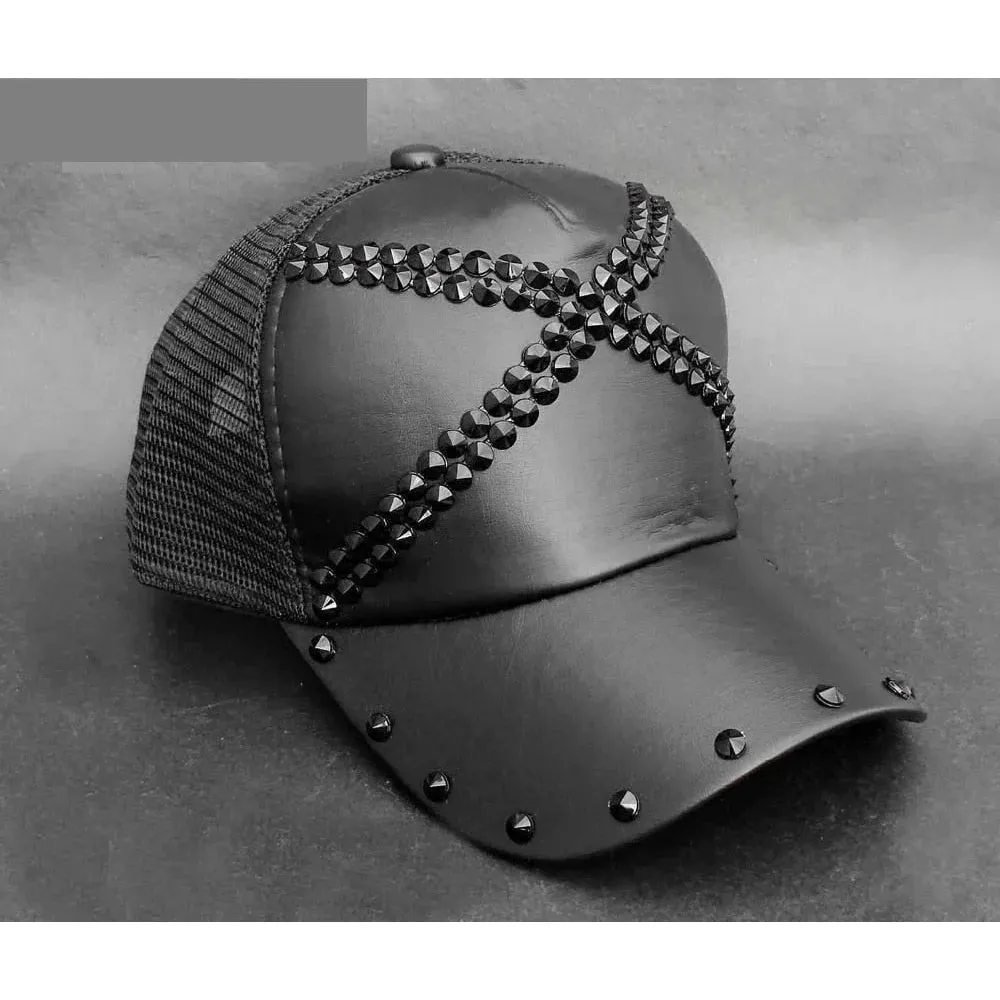 Men's Geometric Pattern Synthetic Leather Studded Biker Baseball Hat