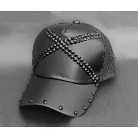 Men's Geometric Pattern Synthetic Leather Studded Biker Baseball Hat