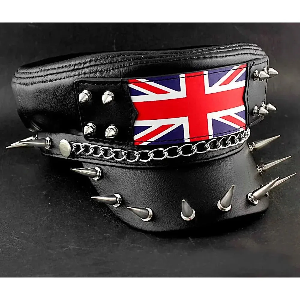 Men's Punk Rock Flag Long Spike Genuine Leather Biker Military Hat