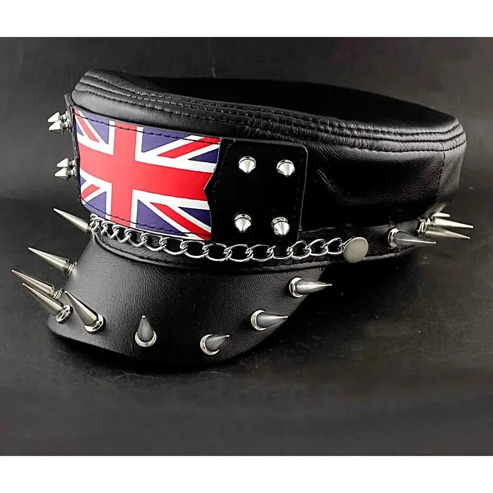 Men's Punk Rock Flag Long Spike Genuine Leather Biker Military Hat