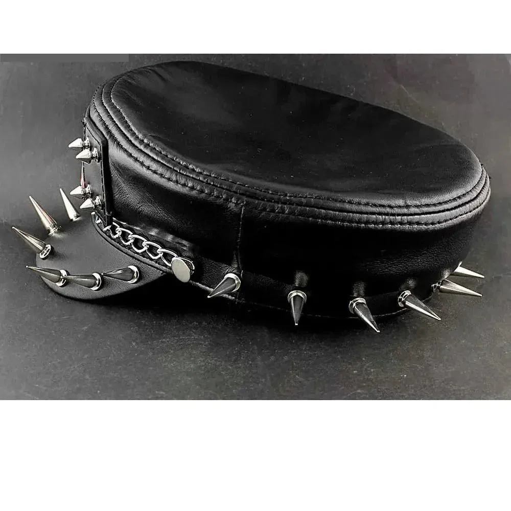 Men's Punk Rock Flag Long Spike Genuine Leather Biker Military Hat