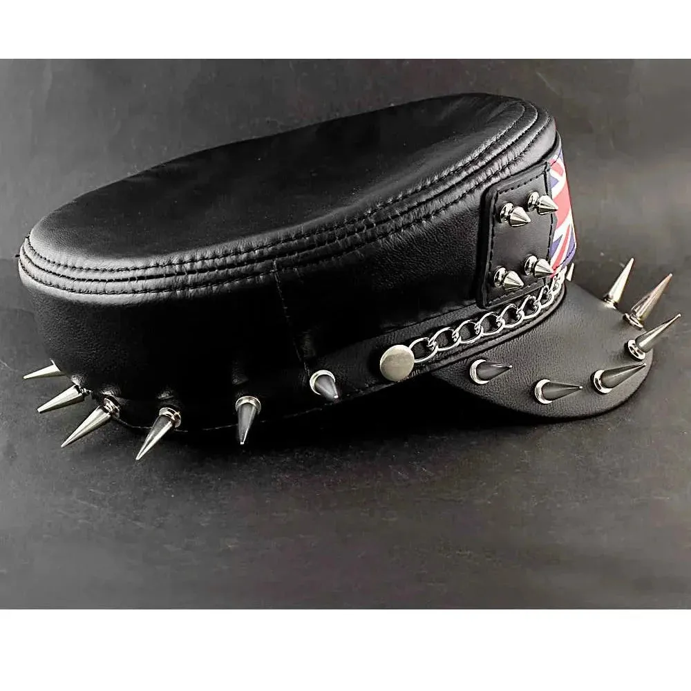 Men's Punk Rock Flag Long Spike Genuine Leather Biker Military Hat