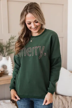 Merry Embroidered Crew Neck Pullover- Hunter Green