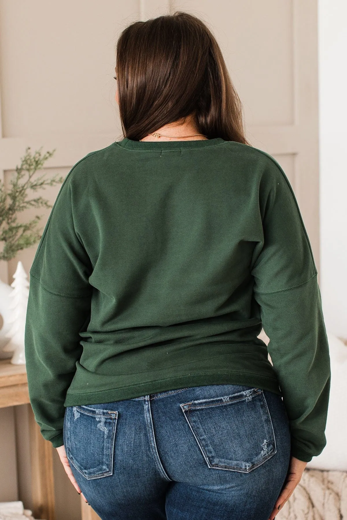 Merry Embroidered Crew Neck Pullover- Hunter Green