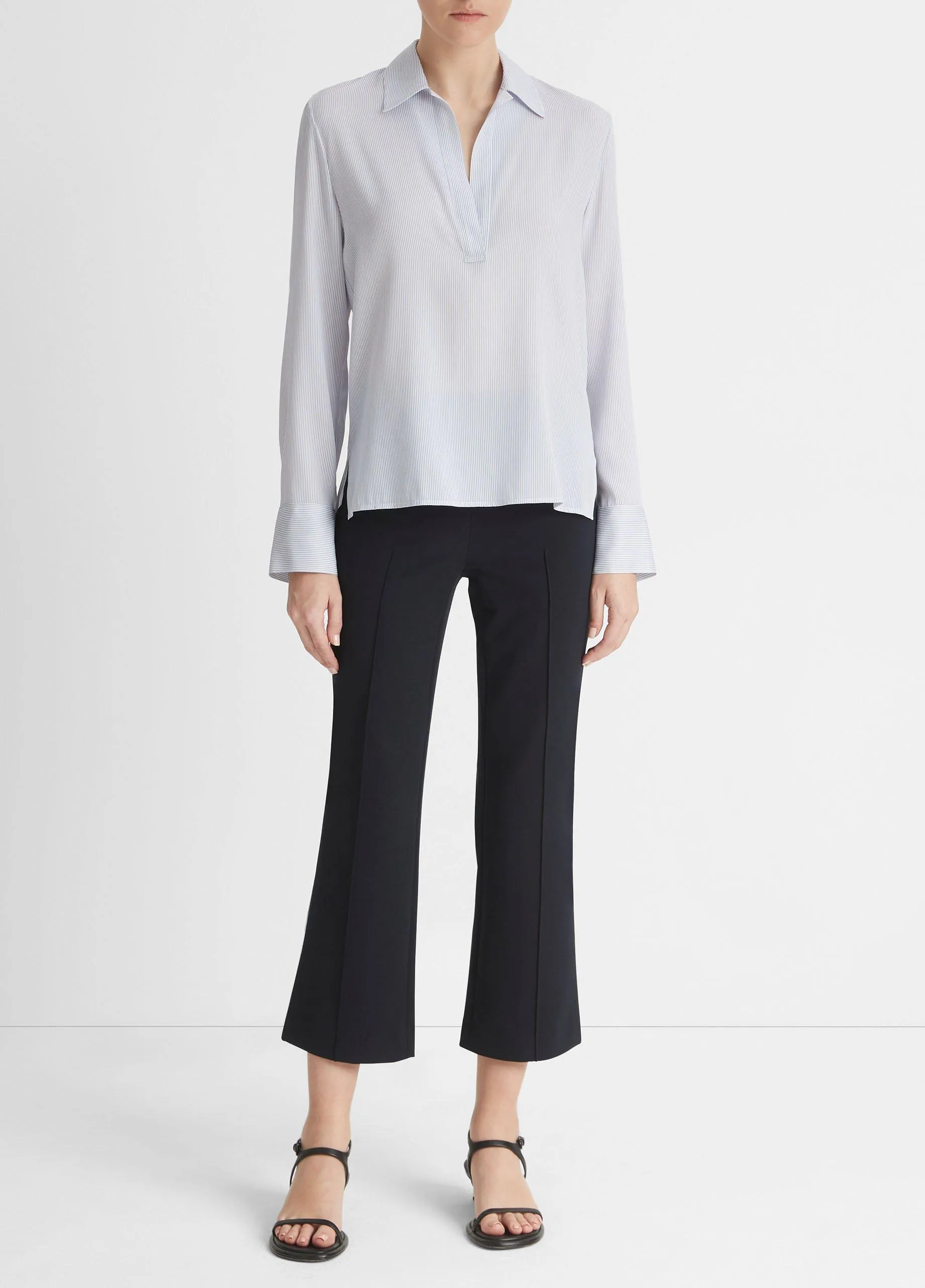 Micro-Stripe Stretch-Silk Pullover Blouse