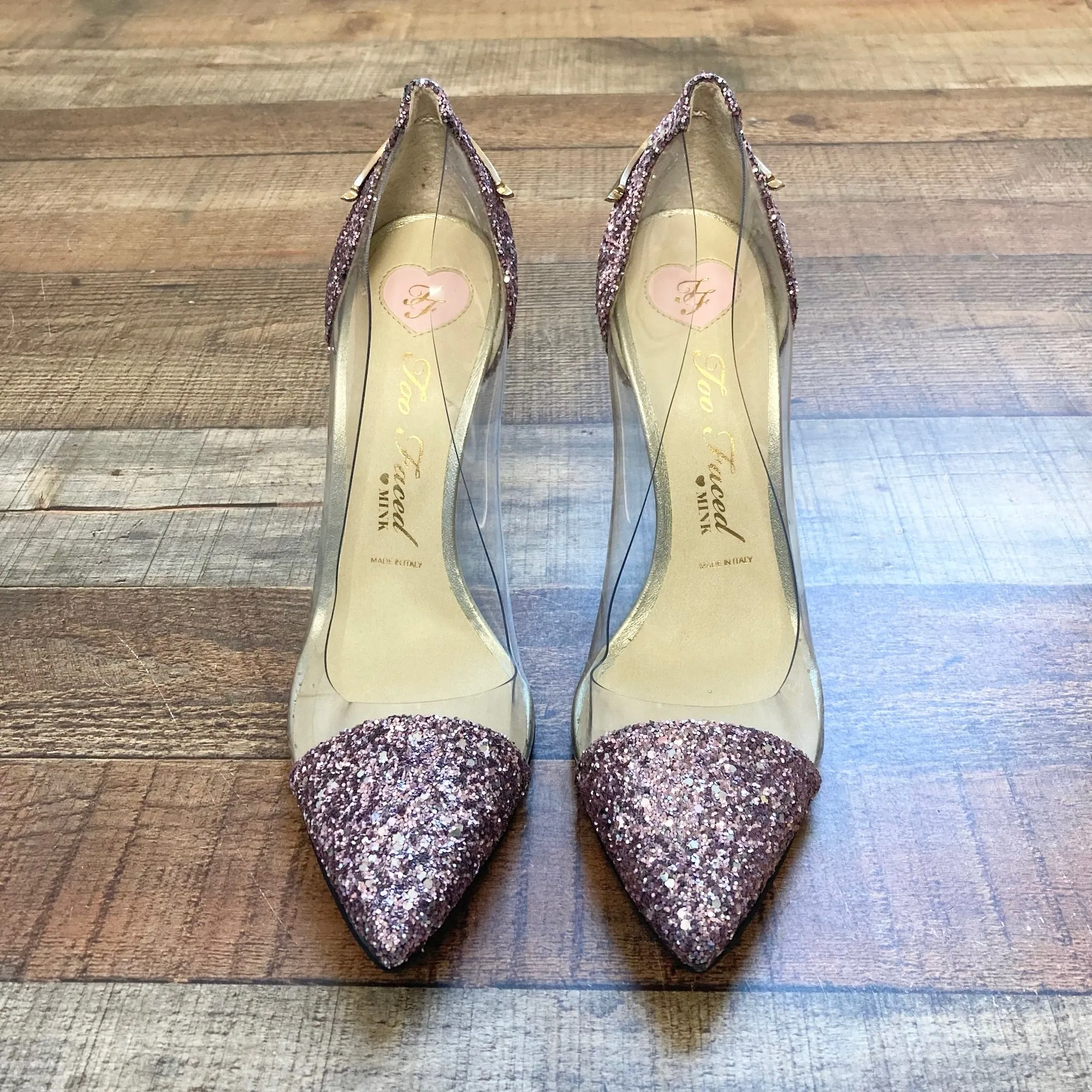 Mink x Too Faced Pink Glitter/Clear with Eyelash Detail Stilettos- Size 40 (Brand New Condition)