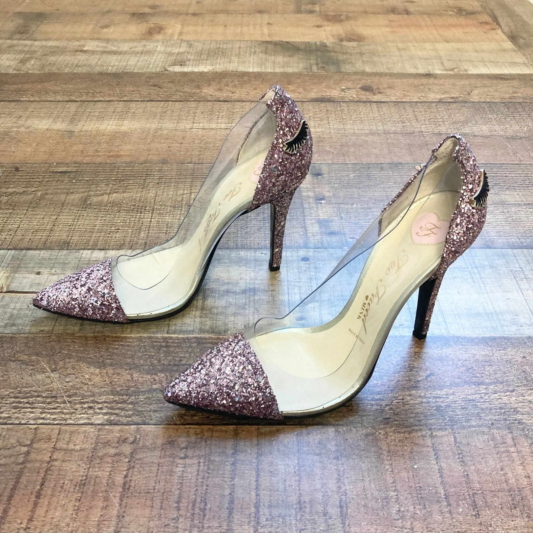 Mink x Too Faced Pink Glitter/Clear with Eyelash Detail Stilettos- Size 40 (Brand New Condition)