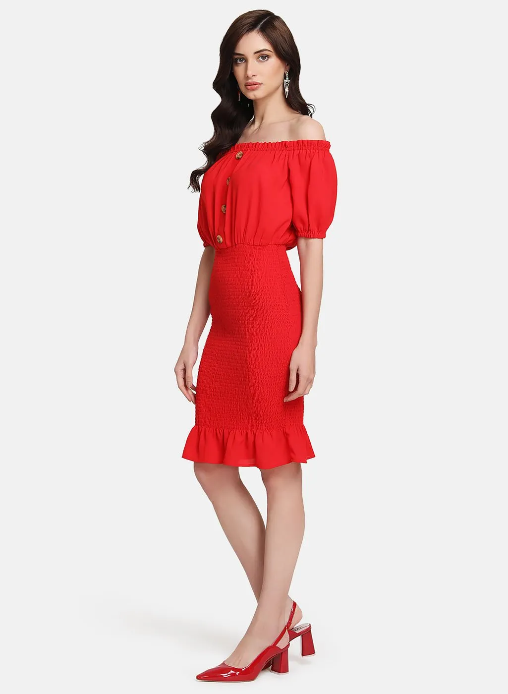 Off-Shoulder Midi Dress With Smocking