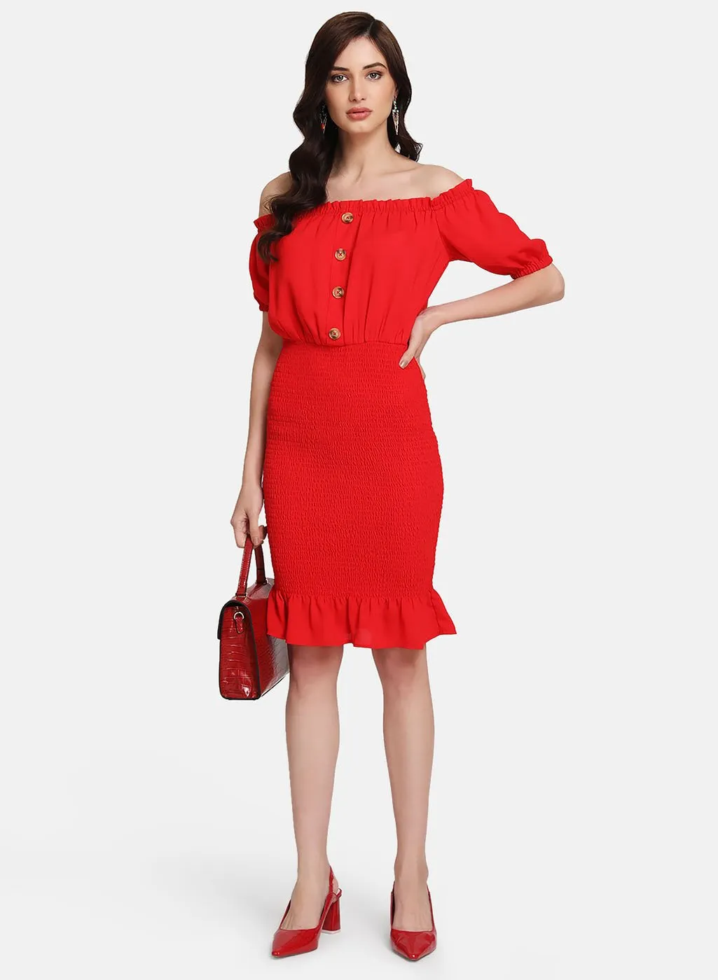 Off-Shoulder Midi Dress With Smocking