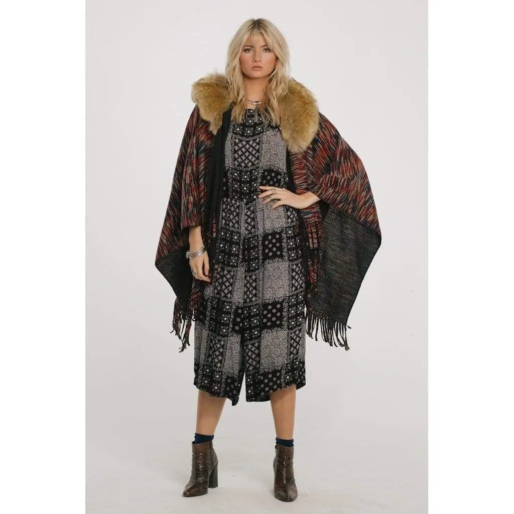 On The Hunt Poncho with Faux Fur Collar