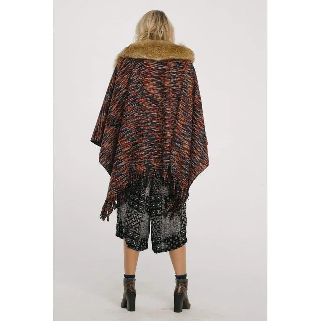 On The Hunt Poncho with Faux Fur Collar