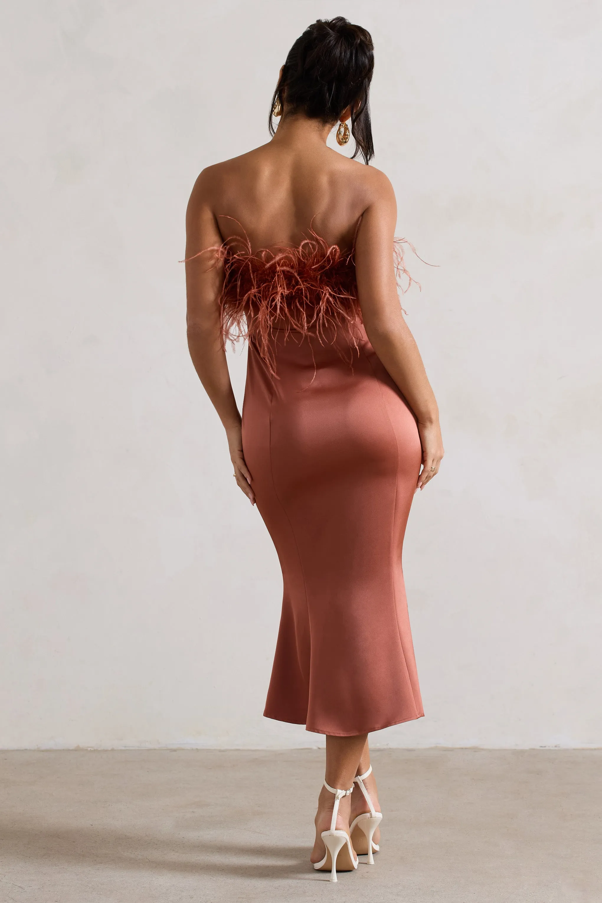 One And Only | Rust Satin Feather Trim Midi Dress