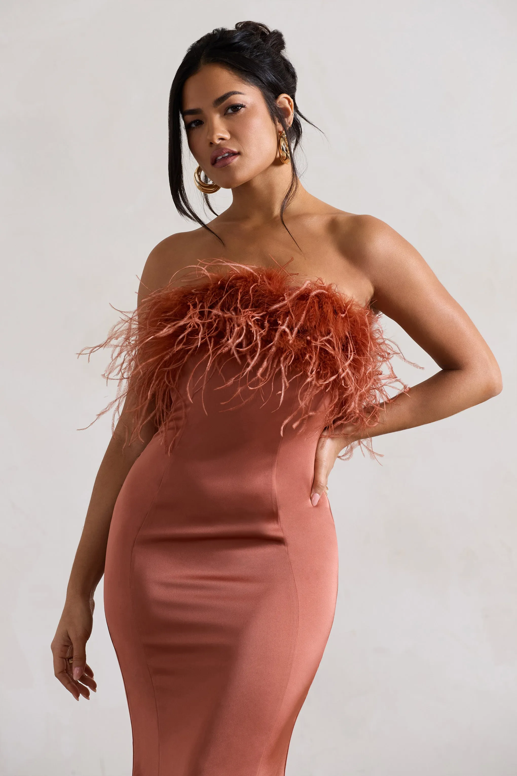 One And Only | Rust Satin Feather Trim Midi Dress