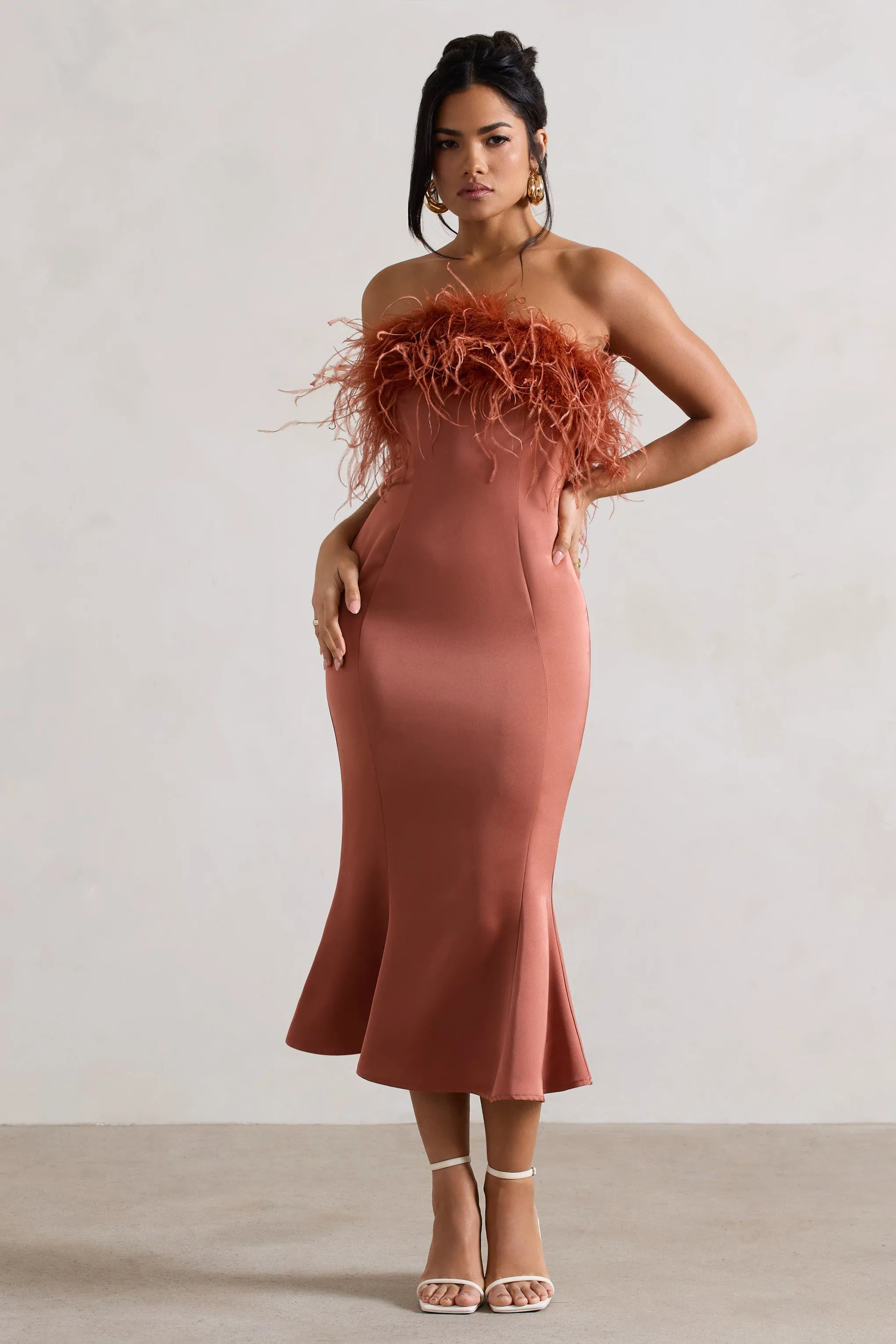 One And Only | Rust Satin Feather Trim Midi Dress