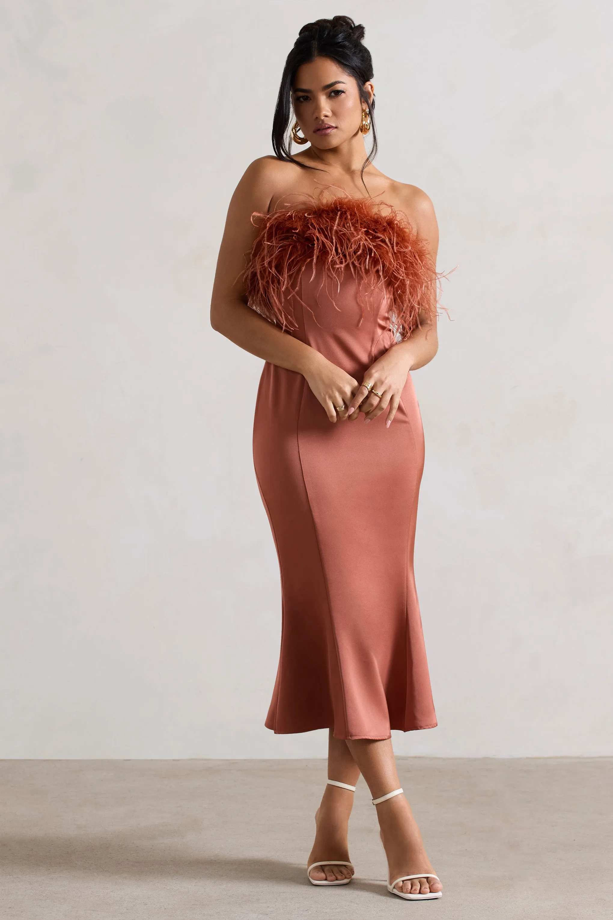 One And Only | Rust Satin Feather Trim Midi Dress