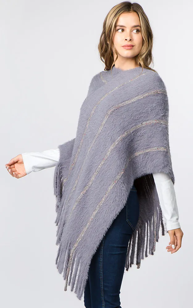 PA99B4 Eyelash Striped Design Poncho w/Fringes