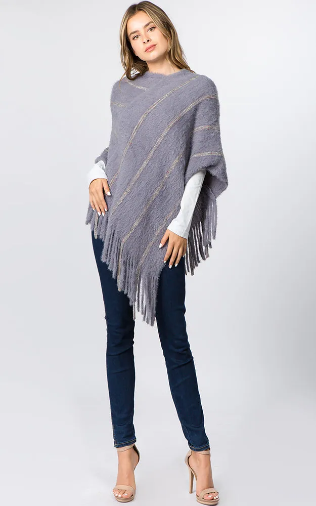 PA99B4 Eyelash Striped Design Poncho w/Fringes