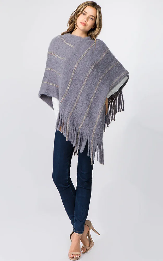 PA99B4 Eyelash Striped Design Poncho w/Fringes