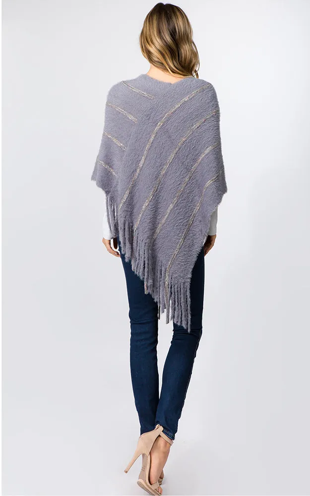 PA99B4 Eyelash Striped Design Poncho w/Fringes