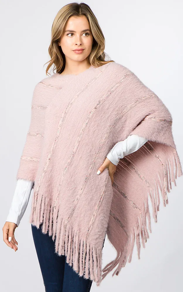 PA99B4 Eyelash Striped Design Poncho w/Fringes