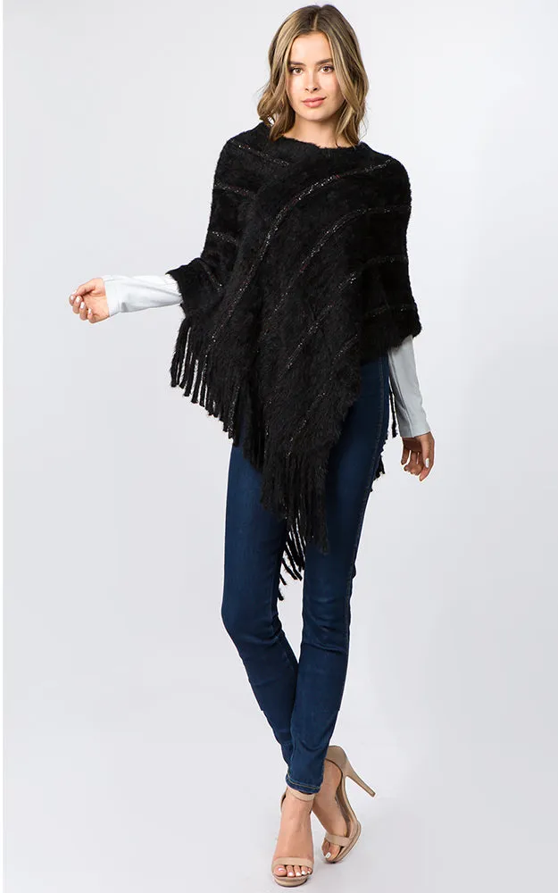 PA99B4 Eyelash Striped Design Poncho w/Fringes