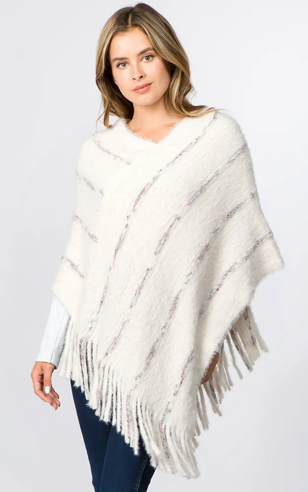 PA99B4 Eyelash Striped Design Poncho w/Fringes