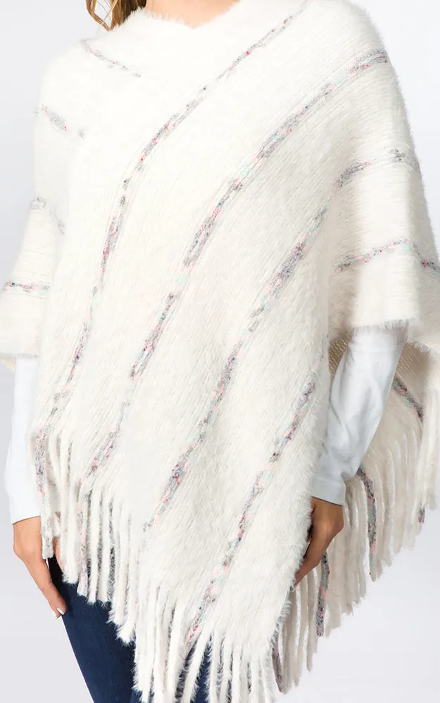 PA99B4 Eyelash Striped Design Poncho w/Fringes