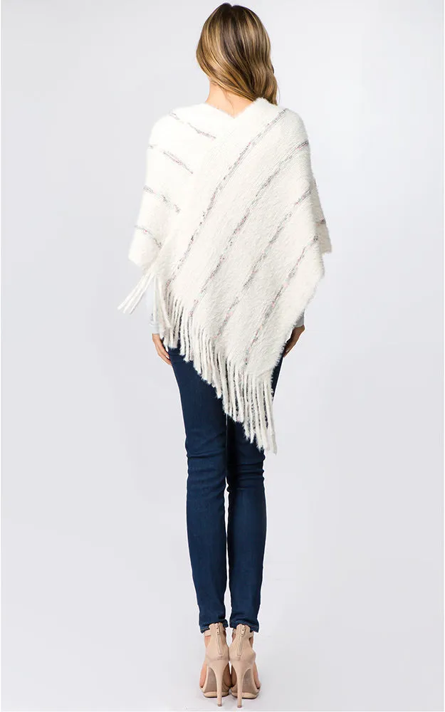 PA99B4 Eyelash Striped Design Poncho w/Fringes