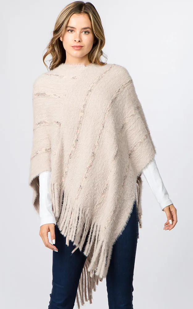 PA99B4 Eyelash Striped Design Poncho w/Fringes