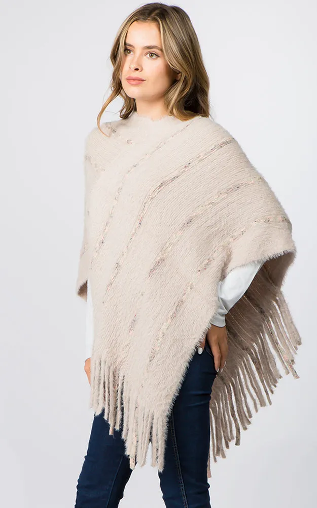 PA99B4 Eyelash Striped Design Poncho w/Fringes