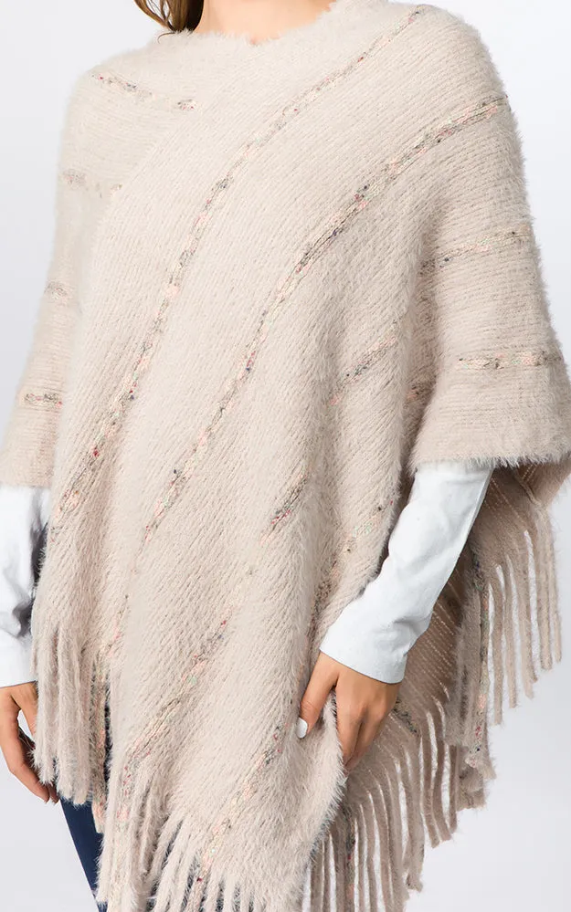 PA99B4 Eyelash Striped Design Poncho w/Fringes