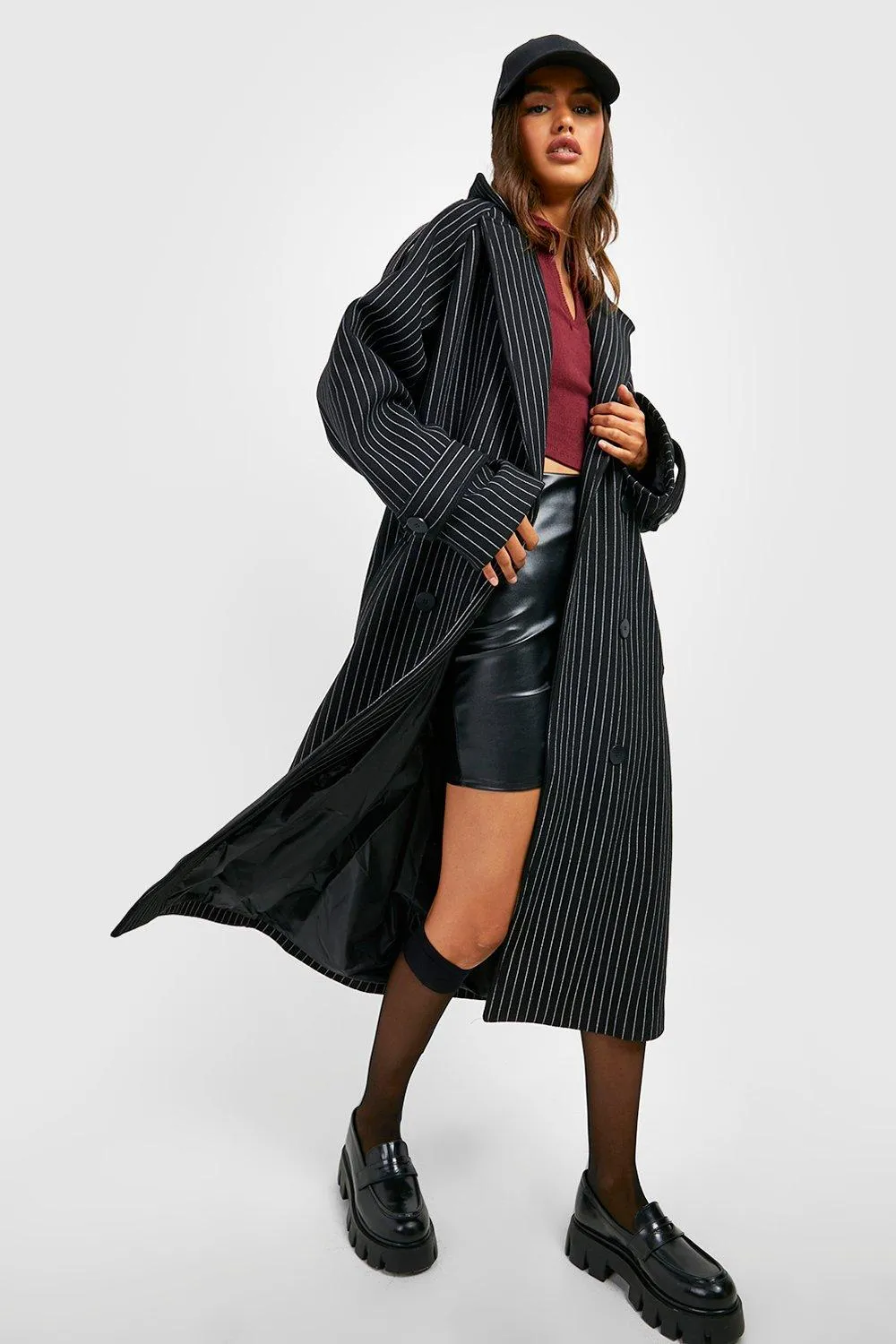 Pinstripe Wool Look Trench Coat