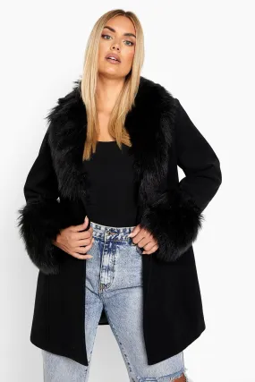 Plus Faux Fur Shawl Collar Wool Look Coat