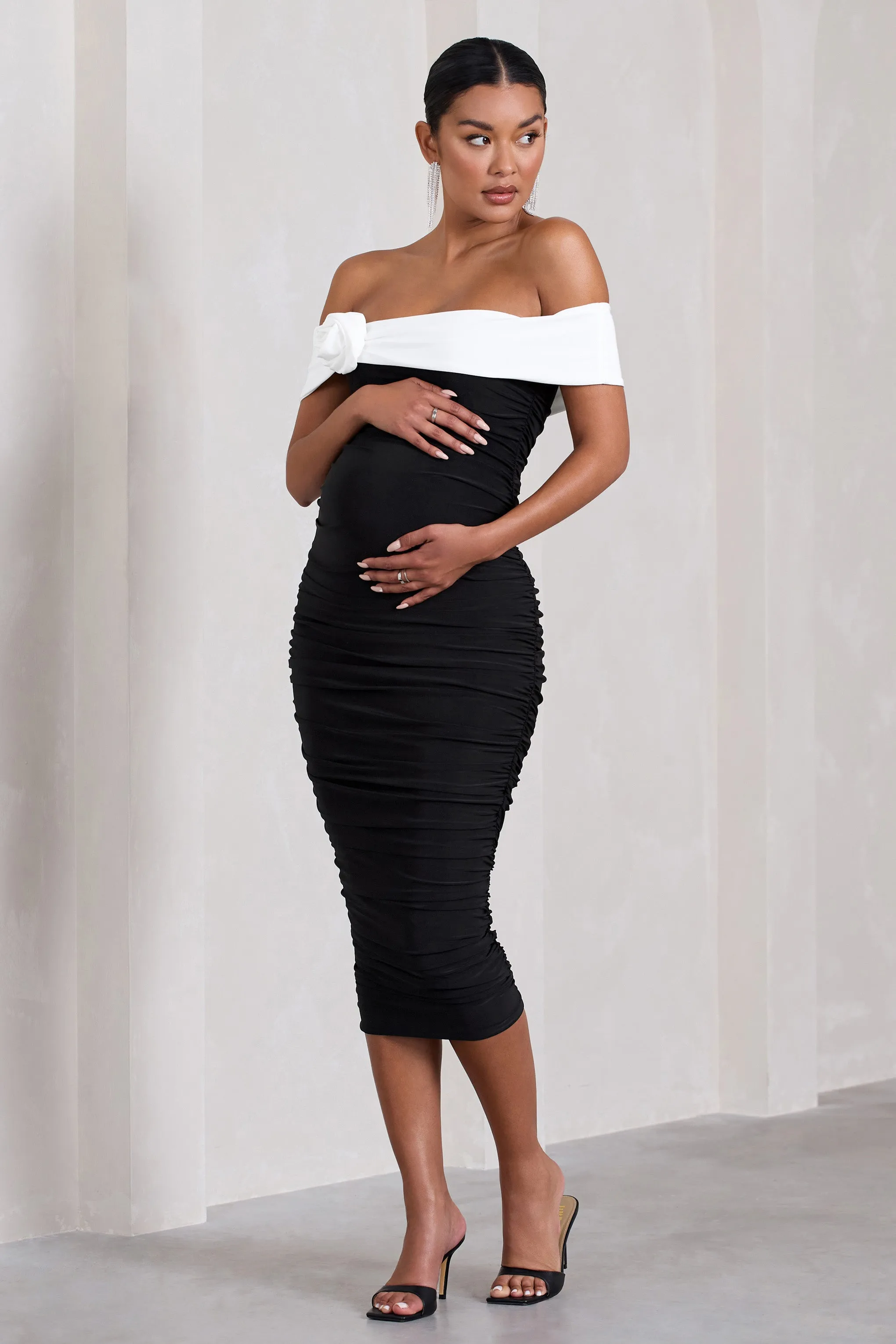 Prairie | Black & White Bardot Maternity Midi Dress With Flower