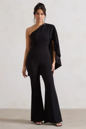 Pristine | Black One Shoulder Cape Sleeve Flared-Leg Jumpsuit