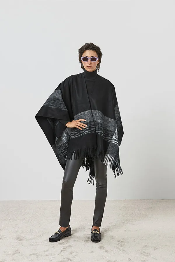 Rodier BLACK TRICOLOR FRINGED PONCHO