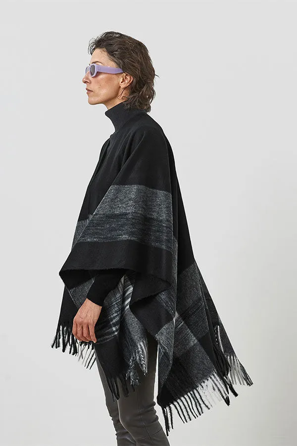 Rodier BLACK TRICOLOR FRINGED PONCHO