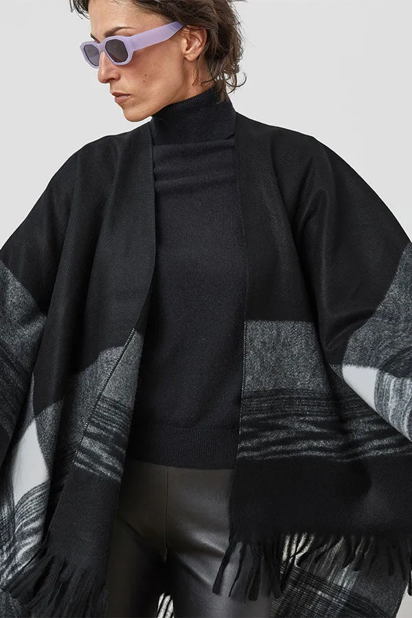 Rodier BLACK TRICOLOR FRINGED PONCHO