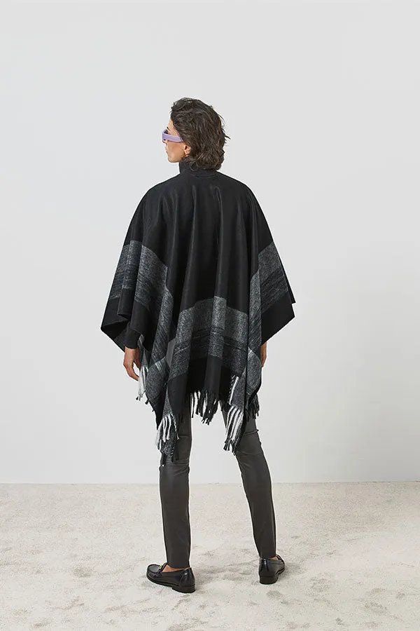 Rodier BLACK TRICOLOR FRINGED PONCHO