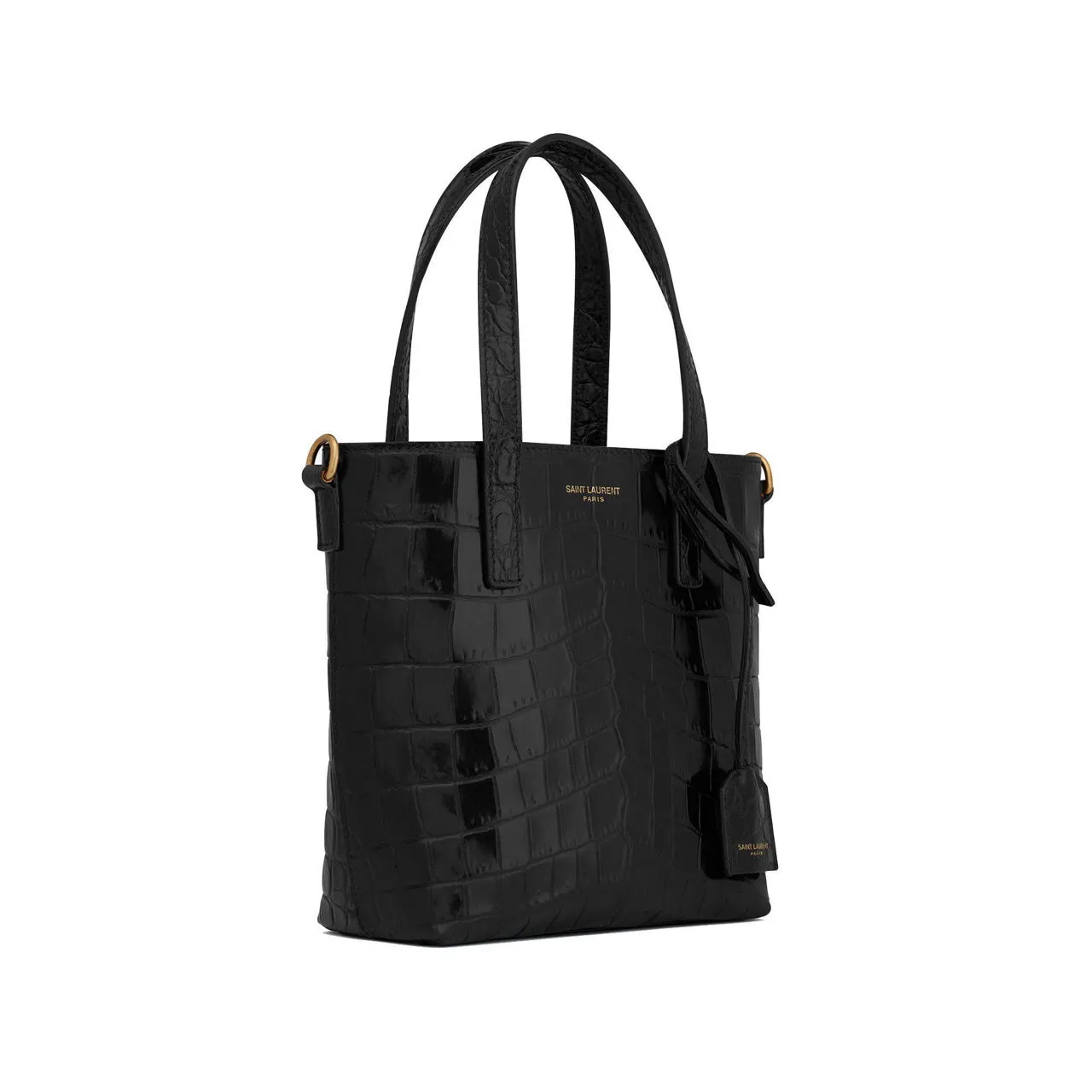 SAINT LAURENT Shopping Croc-Embossed Mini Toy Leather Tote - NERO