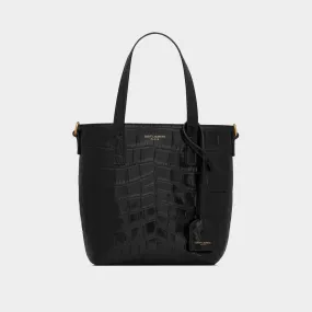 SAINT LAURENT Shopping Croc-Embossed Mini Toy Leather Tote - NERO