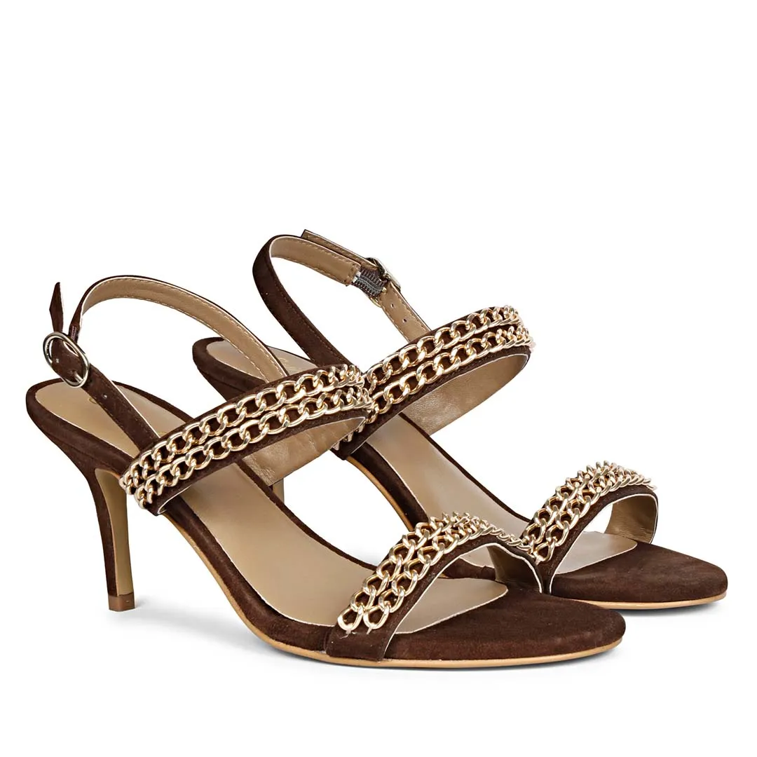 Saint Valeria Gold Chain Brown Suede Leather Stilettos