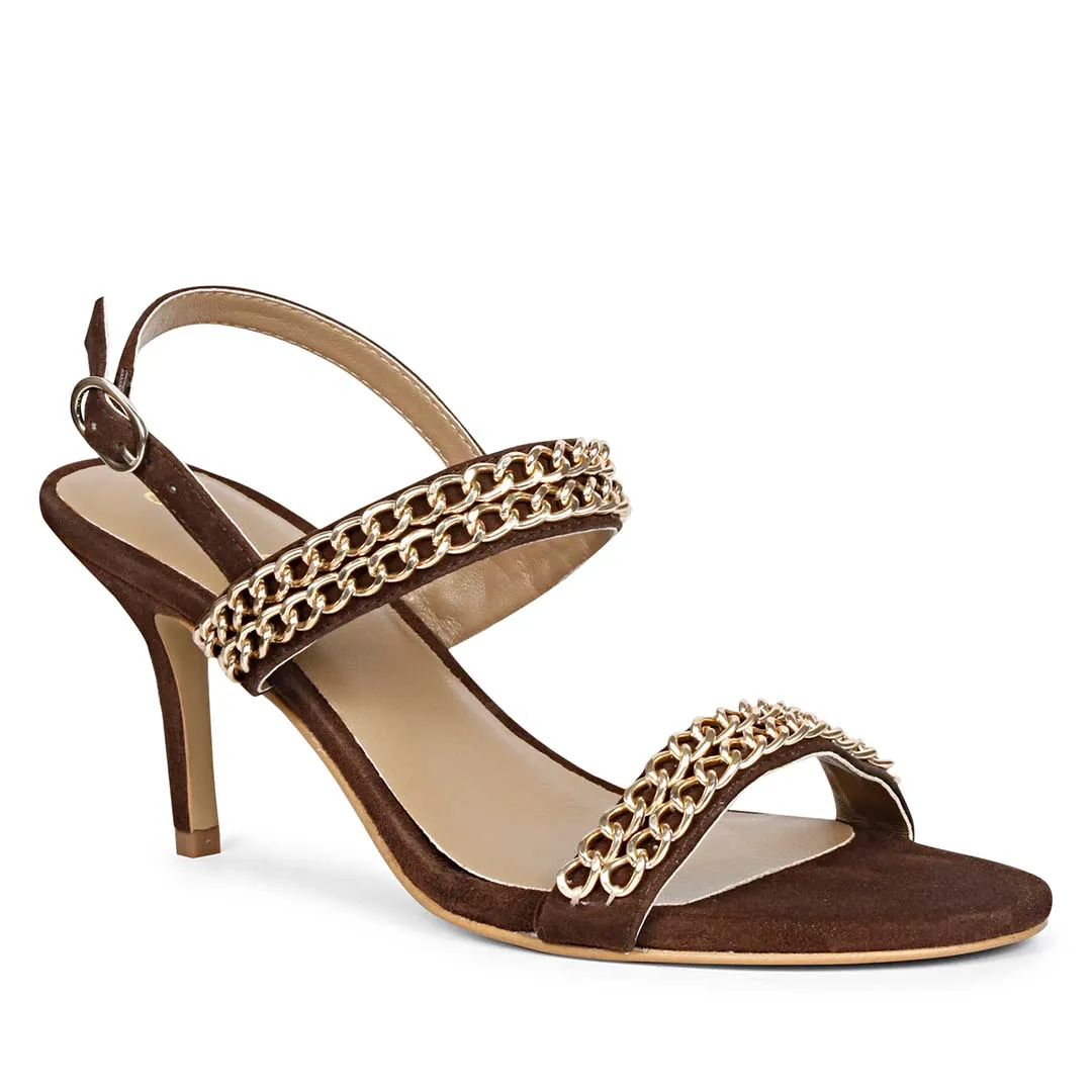 Saint Valeria Gold Chain Brown Suede Leather Stilettos