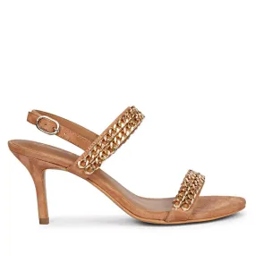 Saint Valeria Gold Chain sand Suede Leather Stilettos