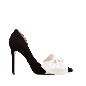 Samantha black suede and oversized white satin bow open sided stiletto