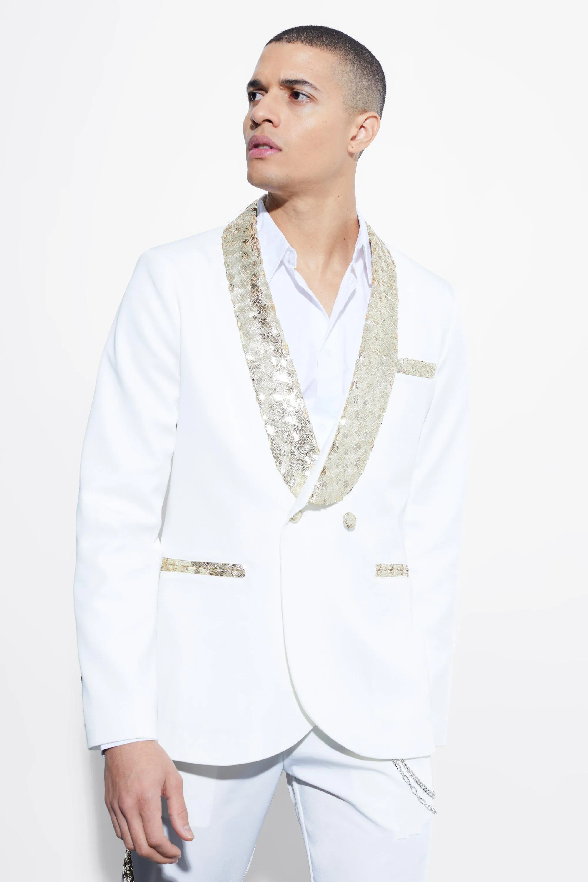 Slim Fit Contrast Sequin Shawl Suit Jacket