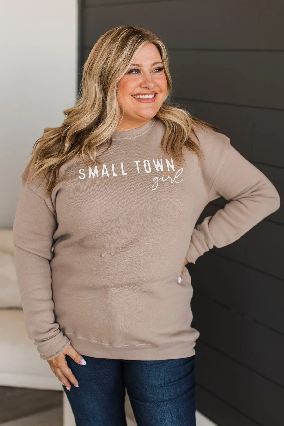 Small Town Girl Crew Neck Pullover- Tan