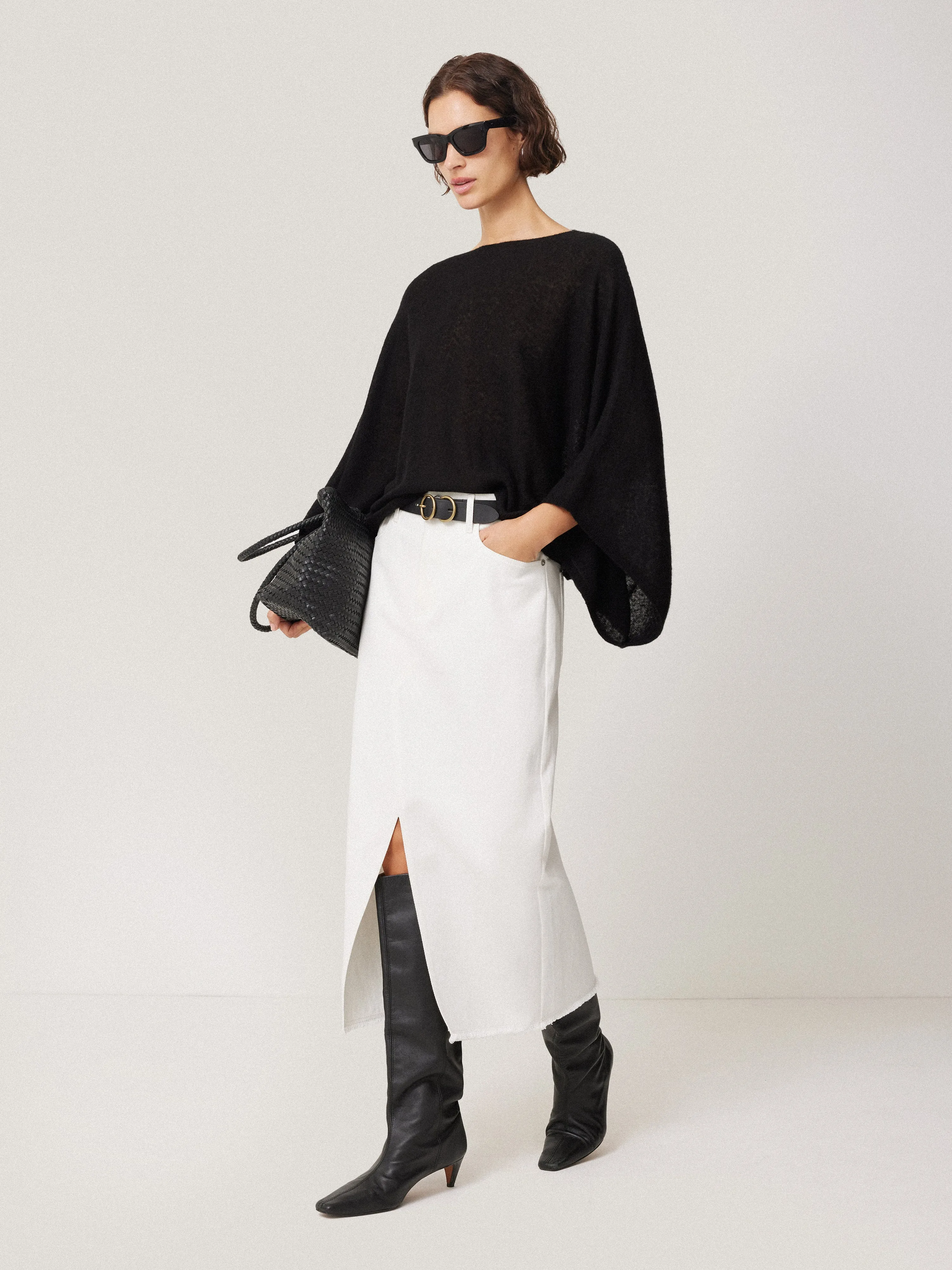 Soft Gauzy Knit Poncho Jumper | Black