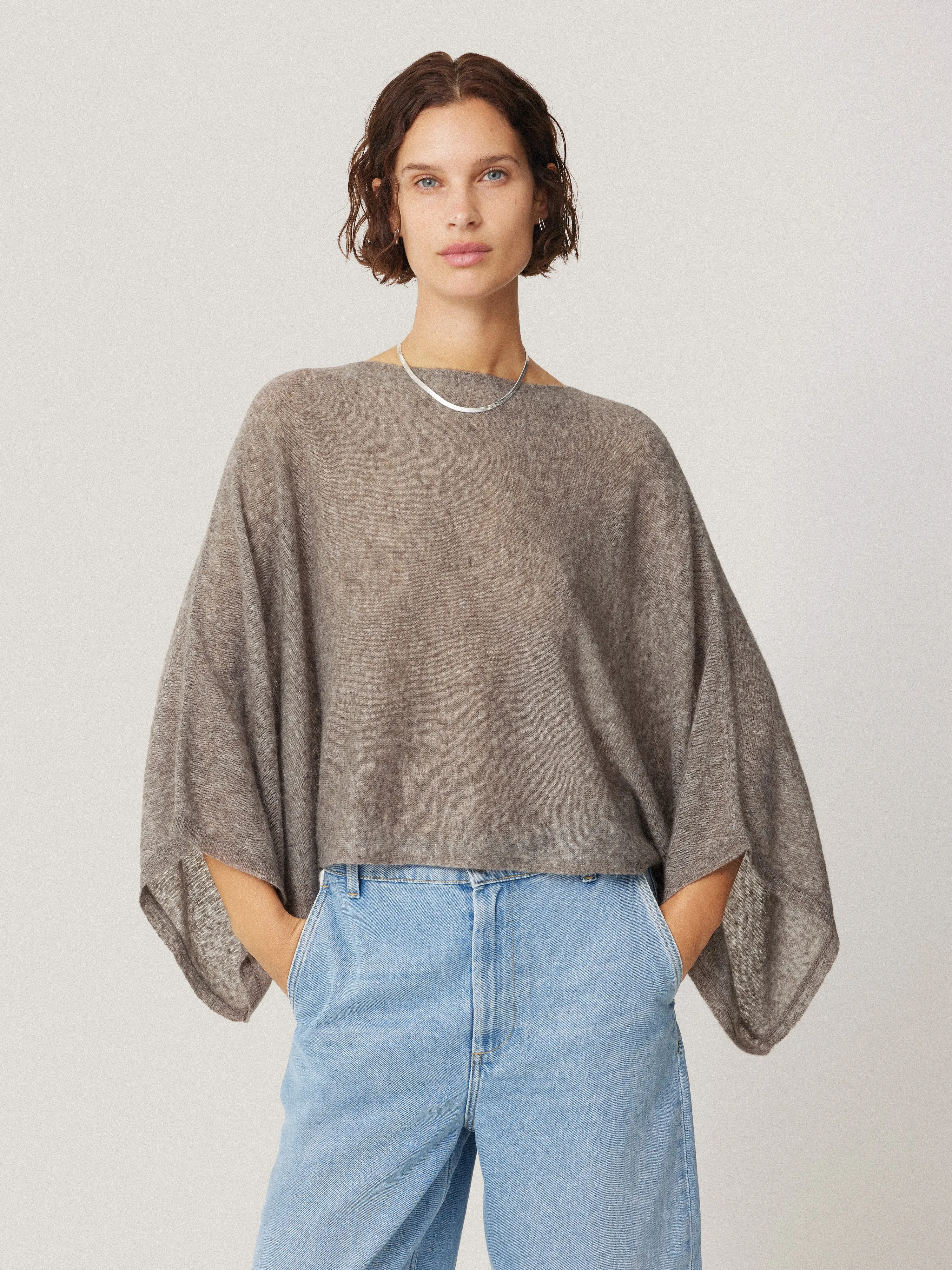 Soft Gauzy Knit Poncho Jumper | Taupe