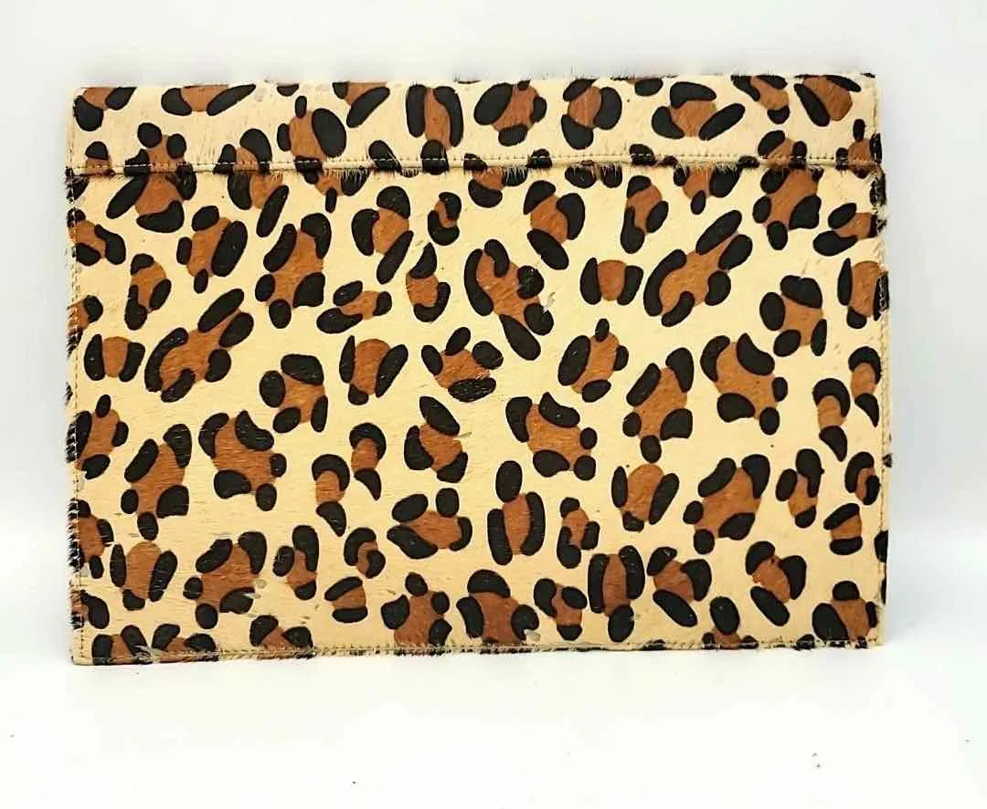 ST. JOHN Tan Black Brown Furry Leather Leopard Clutch Purse